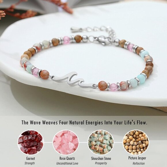 Wave Wrist Bracelet for Women Gift, Adjustable Stainless Steel and Stone, Ideal - Picture 3 of 8